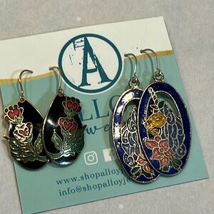 011 Set of two pairs of vintage cloisonné dangle earrings unicorn and flowers